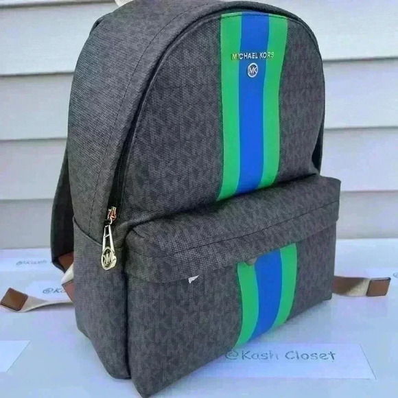 Michael Kors Backpack Medium Stripe Signature Logo Palm Green - Picture 2 of 11